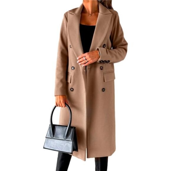 Womens Long Wool Coat Double Breasted Trench Coat Light Brown - Picture 1 of 4